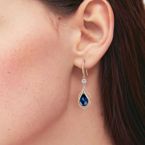Gold Sapphire Dangle Earrings for Women Teardrop Birthstone Zirconia Earrings Royal Blue Sparkle Rhinestone Crystal Jewelry