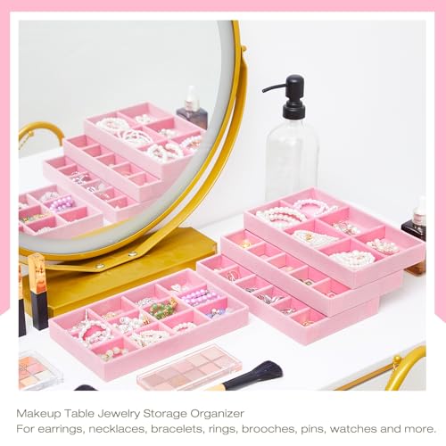 12 Pcs Jewelry Tray Velvet Stackable Jewelry Organizer Trays Divided Earring Accessories Storage Containers Box (Rose Red) - color: Pink