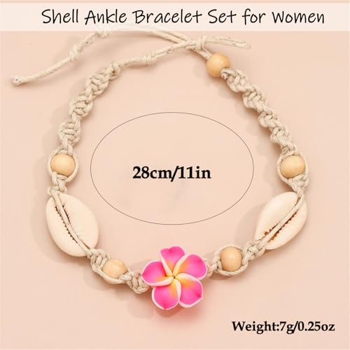 Shell Ankle Bracelet Set for Women,Boho Adjustable Beads Anklet Pack Natural White Shells Stack Stretch Seashell Pearl Starfish Bracelet Set Hawaiian Beach Vacation Foot Jewelry - style: K-Shell Flower