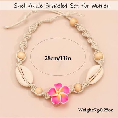 Shell Ankle Bracelet Set for Women,Boho Adjustable Beads Anklet Pack Natural White Shells Stack Stretch Seashell Pearl Starfish Bracelet Set Hawaiian Beach Vacation Foot Jewelry - style: K-Shell Flower