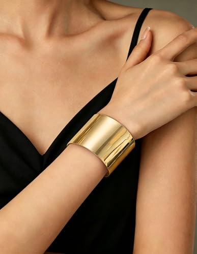 2Pcs Cuff Bangle Bracelet for Women Open Wide Bangle Bracelet Set | minimalist statement bangle bracelets，wrist cuff wrap bracelet adjustable，open wide wire grooved hammered bracelet set - color: 2PCS-Gold-B