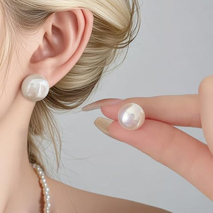 4 Pairs Pearl Stud Earrings Sterling Silver Earring Set | 14K Plated Gold Hypoallergenic Earring stud Large size Round pearl 8mm-14mm Set Earrings for women - style: Flat Round-4 Pairs