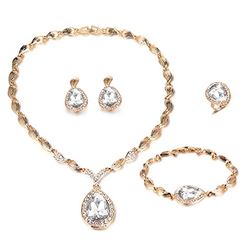 Womens Luxury Africa Dubai 18k Gold Plated Jewelry Sets Wedding Rhinestone Crystal Bib Statement Necklace Earrings Set for Brides Party Prom - color: White