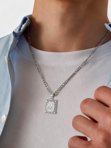U7 Initial Letter Necklace for Men Women, 14K Gold/Silver Plated Square Capital Monogram Pendant Necklace from A-Z with 22+2 Inch Figaro Chain, Personalized Jewelry for Him - color: Silver, style: M