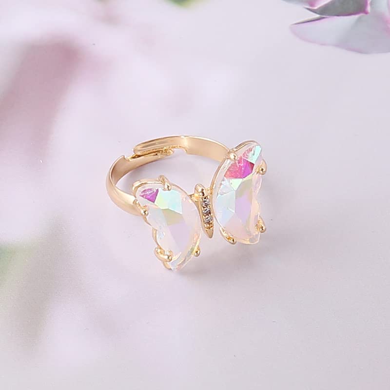COLORFUL BLING Adjustable Elegant Transparent Crystal 3D Butterfly Rings for Women Aesthetic Gold Plated Cute Animal Insect Open Finger Cuff Ring Birthday Valentine Gifts - color: transparent white
