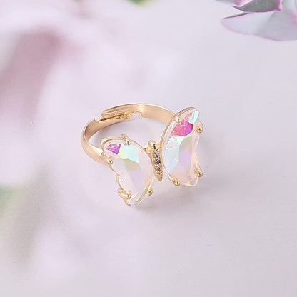 COLORFUL BLING Adjustable Elegant Transparent Crystal 3D Butterfly Rings for Women Aesthetic Gold Plated Cute Animal Insect Open Finger Cuff Ring Birthday Valentine Gifts - color: transparent white