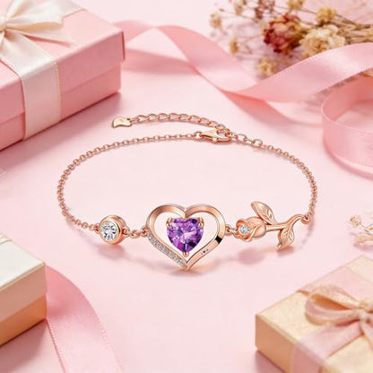 1CT Rose Heart Birthstone Bracelet for Women Love Gift - style: 02-Feb Dark Purple Rose Gold