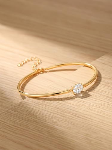 Moissanite/Sapphire/Ruby/Emerald Cuff Bracelet 1 Carat Oval Cut Center Stone Inlaid 925 Sterling Silver 14K Gold Plated Adjustable Birthstone Bangle for Women fit Wrist 5-7.5 Inch - color: Moissanite Gold