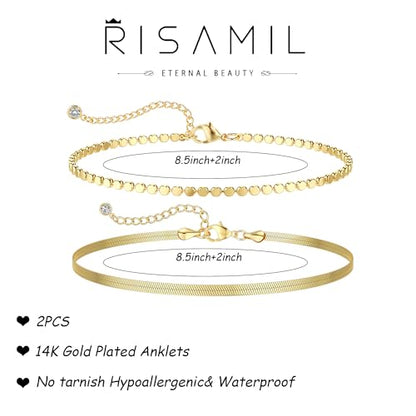 Risamil 14K Gold Plated Ankle Bracelets for Women, Anklets for Women Waterproof Layered Ankle Bracelets for Women Teen Girl Herringbone Anklet Set Summer Foot Jewelry Gifts - color: 2PCS-04