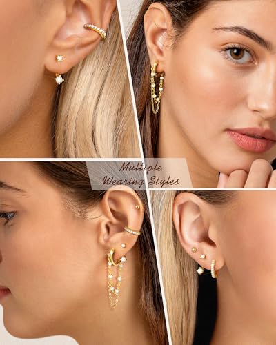 Tassel Chain Small Gold Hoop Dangle Earring For Women Huggie Earring Heart Star CZ 14K Gold Plated Fashion Jewelry Graduation Gift for Her Mothers Day Gifts for Mom - color: Gold-4 Pairs B