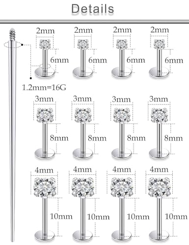 18G 16G 14G Lip Labret Medusa Nose Rings Studs Flat Back Earrings Internally Threaded 316L Surgical Steel Cartilage Tragus Helix Conch Earrings Piercing Jewelry for Women Men 6mm 8mm 10mm - color: 16G - Silver Tone-6/8/10mm Bar