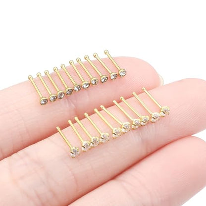 20Pcs Nose Rings Studs Surgical Steel L-Shape Nose Rings for Women 1.5mm 2mm Cubic Zirconia Nose Screw Studs Hypoallergenic Nose Piercings Jewelry 24g 22g 20g 18g - color: straight,goldtone, size: 22g,2mm CZ