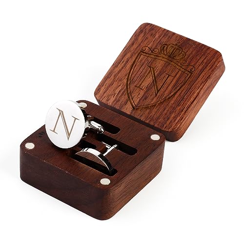 Mens Initial Silver Cufflinks A-Z Alphabet Letter Steel Cuff Links with Engraved Walnut Wood Box Groom Groomsman Wedding Set… - style: N