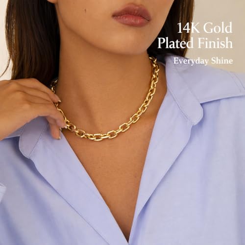 Gold Necklace for Women Chunky 14K Gold Plated Chain Necklace | Chunky Gold Necklace,Simple Paperclip Chain, Statement Choker Necklace,Non Tarnish,Trendy Jewelry,Gifts for Women - style: 10mm-paperclip chain-gd-1