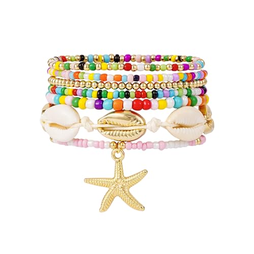 LALAPPLE Shell Bracelet Boho Beaded Stretch Bracelets for Women Seashell Strand Bracelets Starfish Charm Jewelry Summer Beach Jewelry Stackable Crystal Gold Plated Beads Bracelet for Women - style: Style1