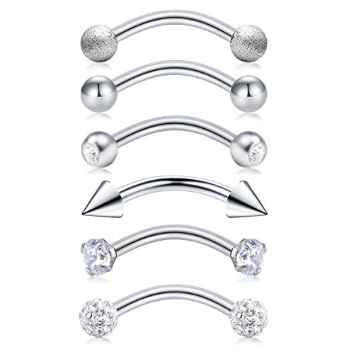 Briana Williams 6pcs Stainless Steel Rook Daith Earrings Belly Lip Ring Eyebrow Studs Cartilage Tragus Cubic Zirconia Barbell Body Piercing 8mm (5/16") - color: 1 -Silver