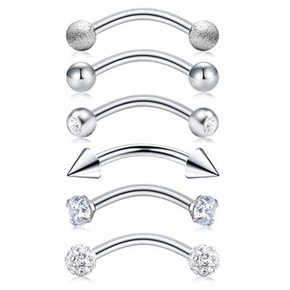 Briana Williams 6pcs Stainless Steel Rook Daith Earrings Belly Lip Ring Eyebrow Studs Cartilage Tragus Cubic Zirconia Barbell Body Piercing 8mm (5/16") - color: 1 -Silver