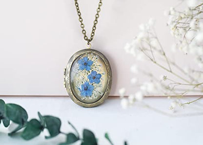 Handmade Oval Shaped Photo Locket with dried Pressed Flowers Locket pendant Necklace - style: Forget Me Not