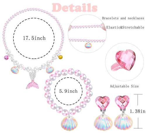 Jewelry Set For Girls Necklace Bracelet Earring ring Set Mermaid Necklace For Girls Jewelry Set Halloween Christmas Birthday Gift over 3 years old.
