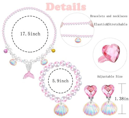 Jewelry Set For Girls Necklace Bracelet Earring ring Set Mermaid Necklace For Girls Jewelry Set Halloween Christmas Birthday Gift over 3 years old.