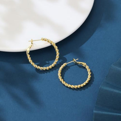 14K Gold Braided Texture Hoop Earring, 32/40mm Twist Rope Design Round Hoop Earrings for Women Gold Jewelry Gifts for women - style: Braided Earrings-31mm