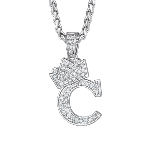Richsteel Silver Crown Initial A-Z Letter Pendant Necklace for Men Women | Cubic Zirconia Monogram, 316L Steel Chain, 22" + 2" Extender,Hypoallergenic,Gift Box, Hip Hop Jewelry - style: C