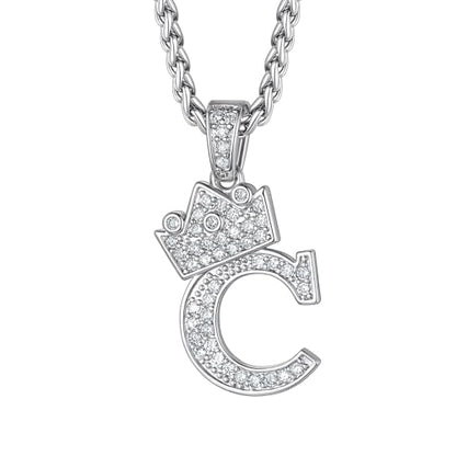 Richsteel Silver Crown Initial A-Z Letter Pendant Necklace for Men Women | Cubic Zirconia Monogram, 316L Steel Chain, 22" + 2" Extender,Hypoallergenic,Gift Box, Hip Hop Jewelry - style: C