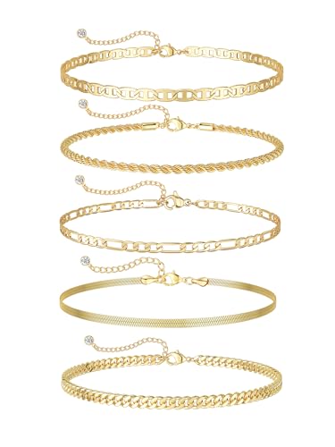 14K Gold/Silver Plated Anklets for Women Layered Anklet Set | Non Tarnish Waterproof Brass Ankle Bracelet, Adjustable Lightweight Dainty Hypoallergenic Chain, Beach Vacation Summer Gift - style: Style5