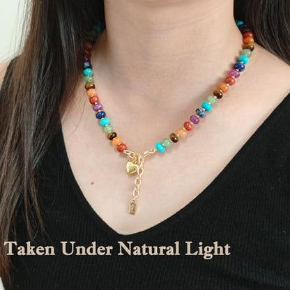Boho Gemstone Beaded Necklace for Women – Colorful Natural Stone Choker 18K Solid Heart-Shaped Pendant, Summer Beach Jewelry - color: Seven Chakra Stones
