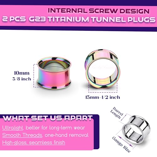 2Pcs G23 Titanium Double Flared Earrings Internally Threaded Gauges for Ears Weights Eyelet Tunnel Plug Stretching Kit From 3mm to 25mm Women Men - color: Rainbow, size: 13mm