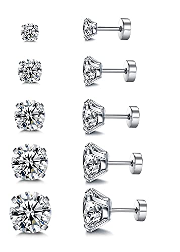 Stud Earrings Set 316L Stainless Steel Hypoallergenic Earrings for Women Men Earrings 3-7mm Cubic Zirconia Earrings Tragus Cartilage Helix Lobel Ear Studs 20G,Pack of 5 Pairs - color: A02:5Pairs(SILVER)