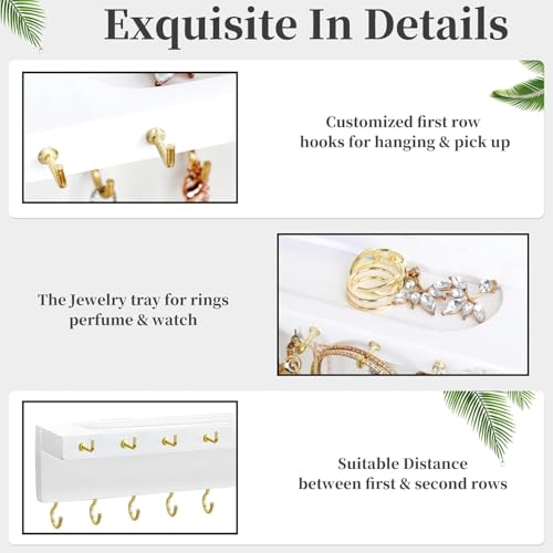 YYILIS Necklace Holder, Upgraded Extra Large Wall Necklace Organizer with 30 Hooks Wall Mounted Necklace Hanger with Jewelry Tray/Cosmetics Shelf Rustic Pine Wood Holder (2 Pack-Double White) - color: 2 Pack-Double White