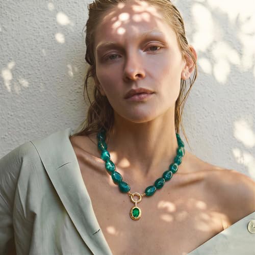 Chunky Colorful Bead Necklace Summer Fashion Statement Boho Beaded Chunky Necklace for Women Adjustable Length Lightweight Cool Suitable for Beach Vacation Daily Wear & Summer Parties - color: Green-A