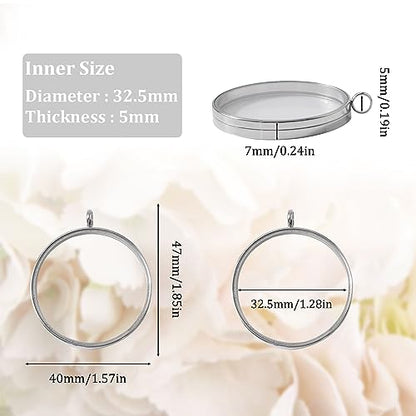WANDIC Silver Photo Charms, 4 Pcs Screw Thread Round Memory Locket Pendants, Bridal Wedding Bouquet Frame for Bouquet or Car Decoration, Key Chain, Necklace Making, 40mm - size: 40mm