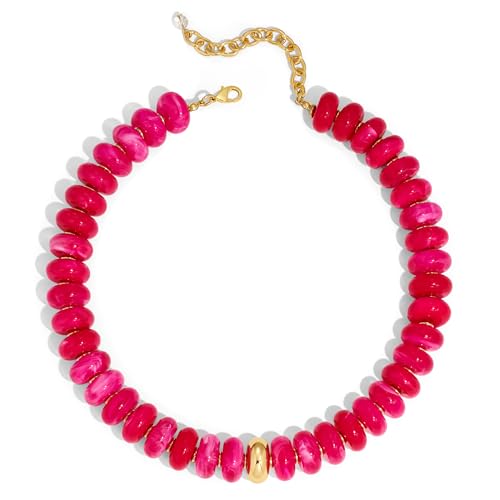 Chunky Colorful Bead Necklace Summer Fashion Statement Boho Beaded Chunky Necklace for Women Adjustable Length Lightweight Cool Suitable for Beach Vacation Daily Wear & Summer Parties - color: Hot Pink