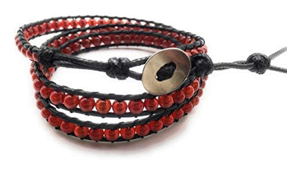 Handmade Alloy Leather Natural Stone Bead Statement Bracelet Bangle Cuff Rope 3 Wrap Adjustable Jewelry Collection - color: Red Carnelian