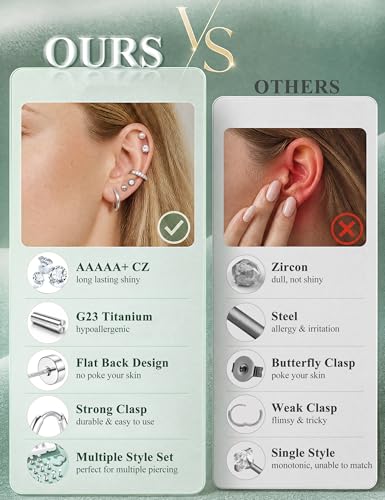 G23 Implant Grade Titanium Flat Back Earrings for Women | Hypoallergenic Hoop Huggie Earring Studs Stack Opal 5A CZ Astm F136 Titanium Earring Sets