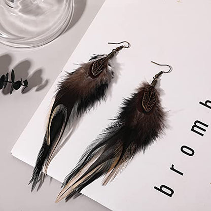 Bohemian Long Feather Earrings for Women Handmade Natural Dangle Tassel Jewelry - color: Style F