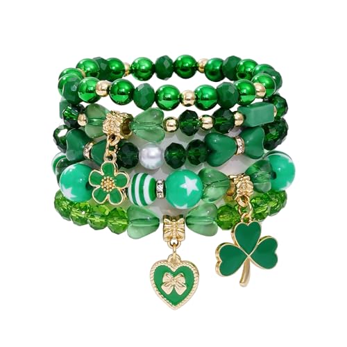 Boho Beaded Stretch Bracelets For Women Stackable Crystal Gold Plated Beaded Bracelets Set Trendy Handmade Friendship Braeclet Jewelry Gifts - color: Q-Lucky Green Set