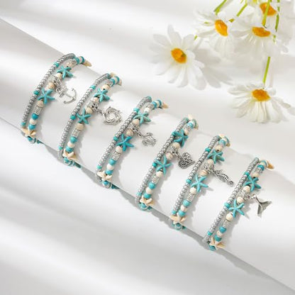 Starain Blue Turtle Anklets for Women Multilayer Beads Handmade Beach Ankle Bracelet Set Boho Foot Jewelry - color: 4Pcs Anklet Set