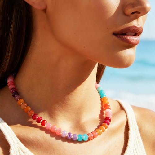 HAXIYA Colorful Beades Gemstone Necklace for Women Boho Beaded Choker | Rainbow Natural Stone Chunky Bead Surfer Summer Beach Necklaces Jewelry Hypoallergenic - color: Multi