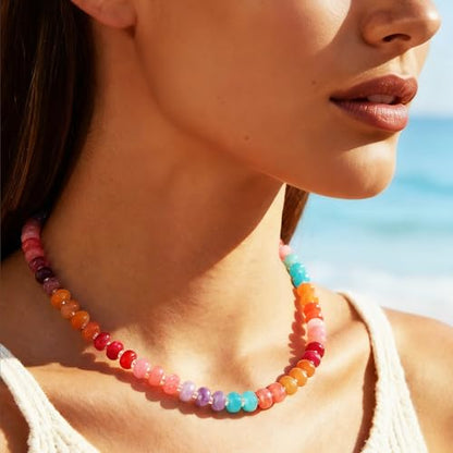 HAXIYA Colorful Beades Gemstone Necklace for Women Boho Beaded Choker | Rainbow Natural Stone Chunky Bead Surfer Summer Beach Necklaces Jewelry Hypoallergenic - color: Multi