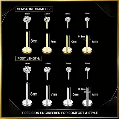 16G 18G 20G Hypoallergenic Threadless Flat Back Nose Studs Women | Medical Steel, CZ 1.5-3mm, Nostril Tragus Helix Piercing, A Secure Fit And Everyday Wear For Sensitive Skin - color: Gold+Silver-B