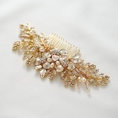 SWEETV Handmade Wedding Hair Comb Clip Rhinestone Bridal Hair Comb Piece, Gold Hair Accessories for Brides Wedding - color: 1.Gold