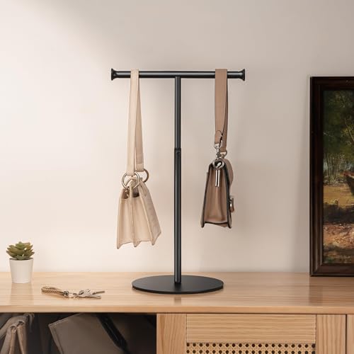 niffgaff 15"-24" T Bar Purse Display Stand Tabletop | Adjustable Height Handbag Holder, Countertop Hanging Rack for Lanyard, Long Necklace, Jewelry, Scarf, Black - color: Black