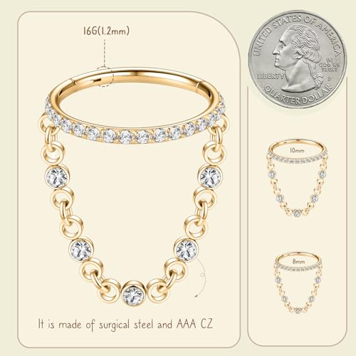 AROWRO Chain Septum Rings 316L Surgical Steel Septum Clicker Daith Piercing Jewelry Dangle Nose Rings for Women 16G 8/10mm Conch Cartilage Hoop Seamless Hinged Septum Jewelry with Clear CZ/Opal - color: Style-3-Gold chain&Clear CZ, size: 16G-8mm