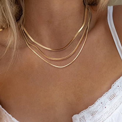 Freekiss Layered Necklace Set for Women Stackable | Herringbone Snake Cuban Rope Chain, Dainty Choker, Layered Stackable, Non Tarnish, Hypoallergenic, Adjustable 14-18.5" - color: Gold, style: Cuban+Box chain+Snake