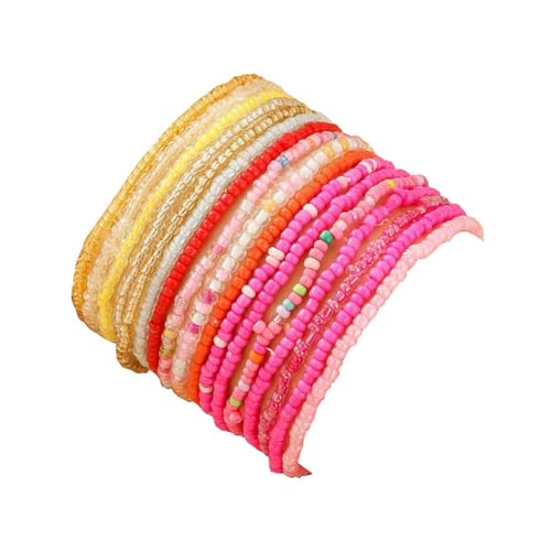 18Pcs Boho Stackable Beaded Bracelets for Women Colorful Handmade Multilayered Rice Beads Anklets Set Summer Beach Bohemian Jewelry Gift - color: Style 1 Pink B