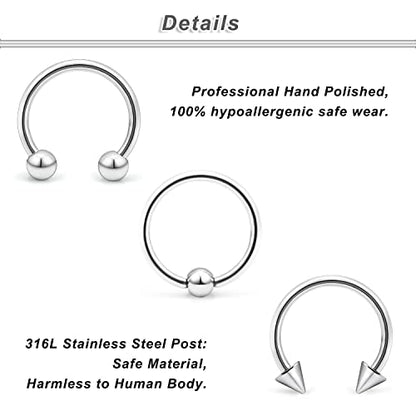 00G 0G 2G 4G 6G 8G 10G 12G 14G 16G Septum Rings Silver Black Surgical Steel Heavy Gauges Earrings Stretching kit Eyebrow Lip Septm Nose Rings Helix Tragus Daith Rook Earrings Hoops 10mm-19mm - color: Silver, size: 8G(3.0mm)-Inner Dia:12mm