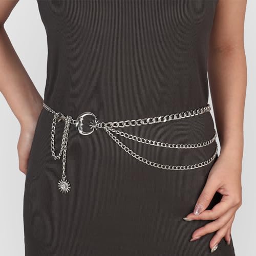 3 Layered Metal Waist Chain Belt for Women Moon & Sun Belly Belt Body Chain Jewelry for Dress Jeans - color: 01 Silver